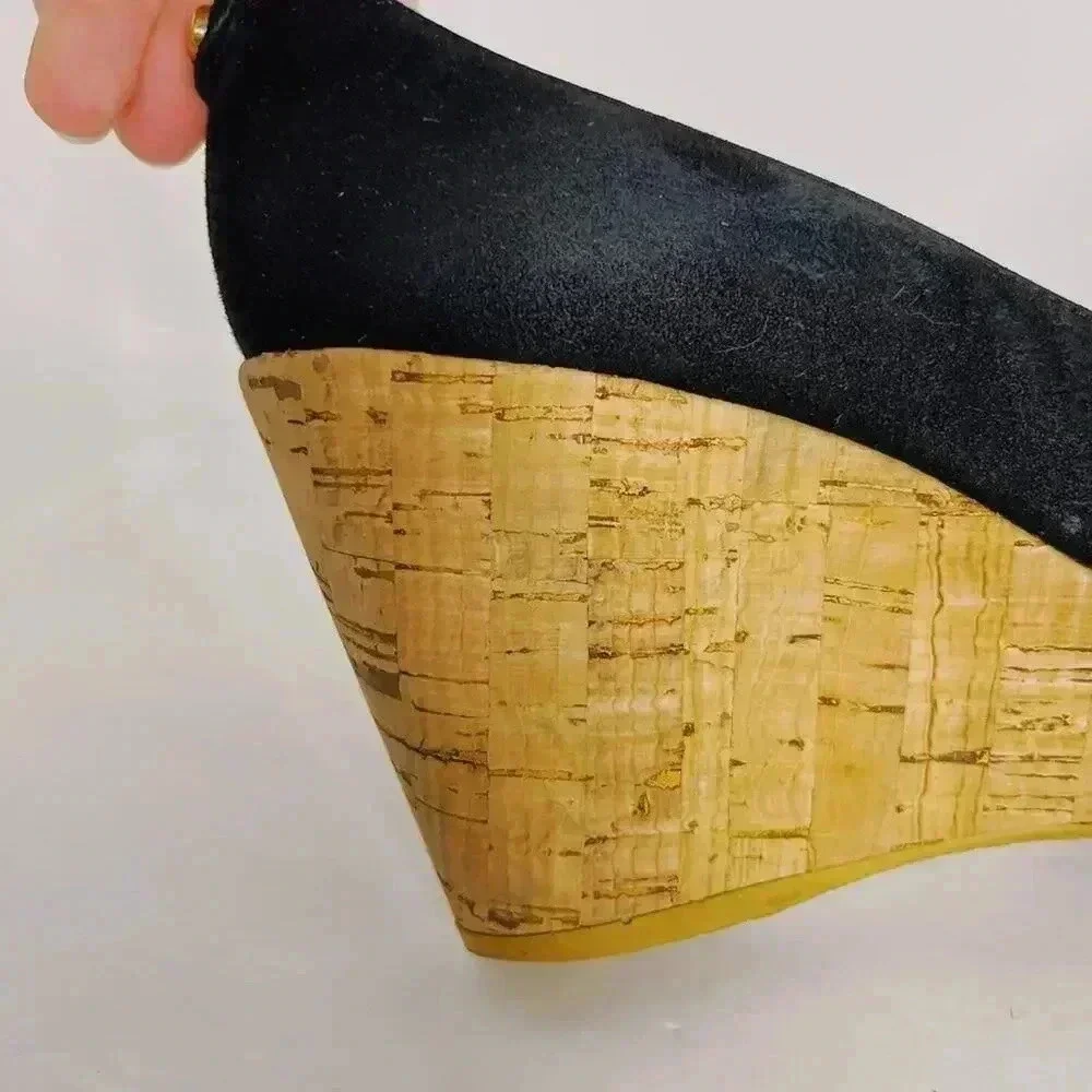 Stuart Weitzman Vintage Black Suede Leather Cork Wedges Women's Size 5 - Picture 5 of 12